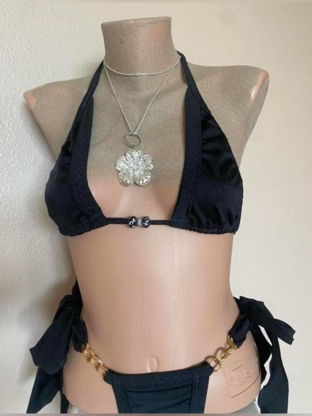 Y2k Black Bikini Set with Ruffle Strings, Beads, & Gold Chain Detailing